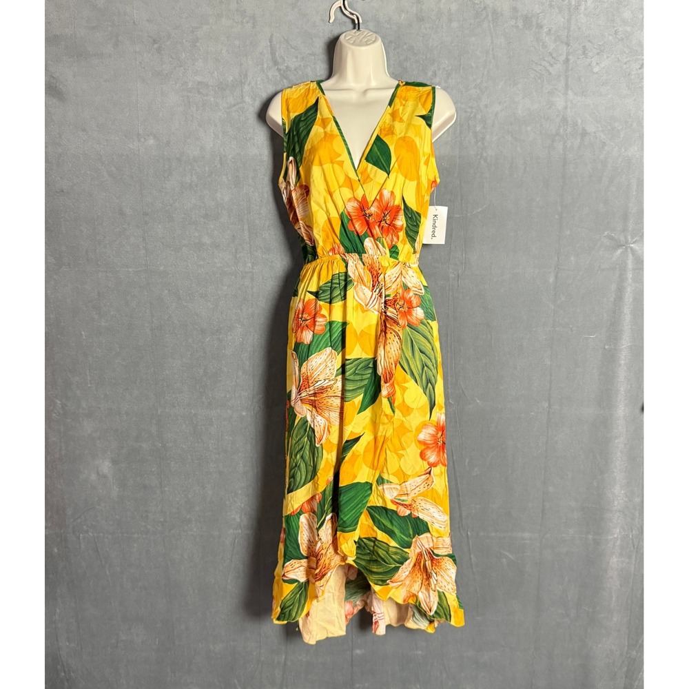 Kindred Yellow Tropical Floral Wrap Ruffle High-Low Midi Dress Womens S NWT